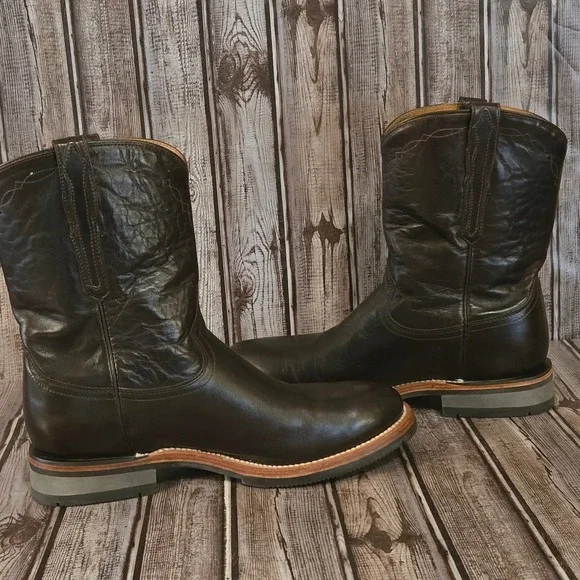 Sz 10.5 D Mens Lucchese Raymond Chocolate Brown Ranch Hand Roper Boots M0032